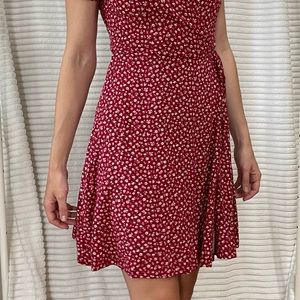 Red and white floral wrap dress flattering